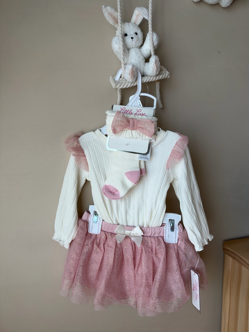 Little Lass Cream Top with Pink Sparkle Tulle Skirt & Accessories